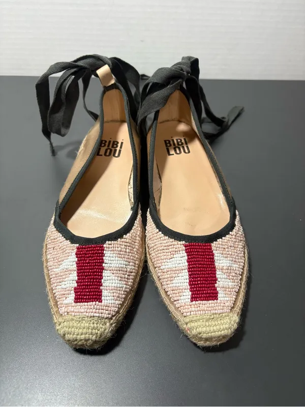 BIBI LOU Red-Accent Beaded Espadrille Flats with Ankle Ties - Image 2