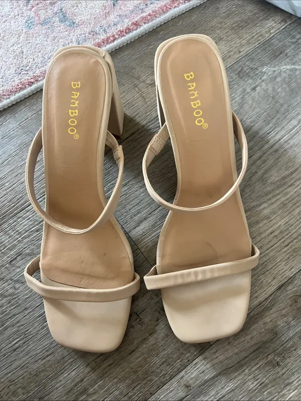 BAMBOO Beige Strappy Square-Toe Block Heels - Image 2