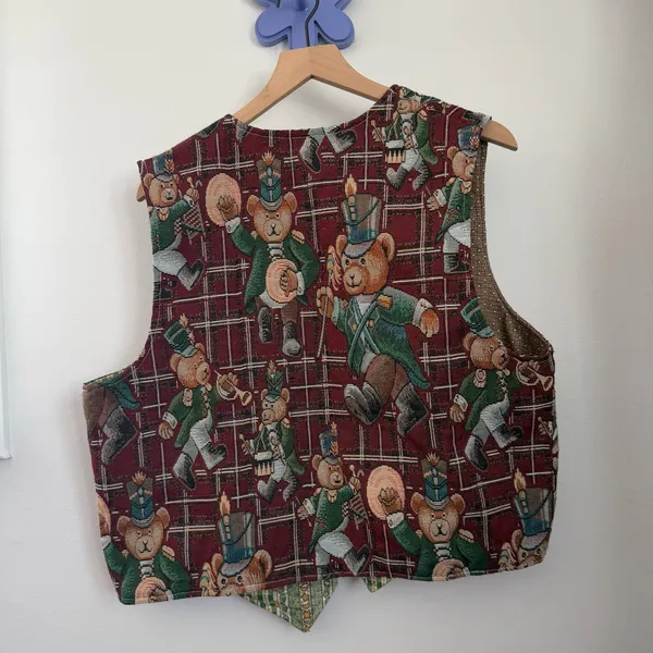 Vintage Retro Open Vest‎ Christmas Bear Nutcracker Red Plaid Relaxed Oversized - Image 3
