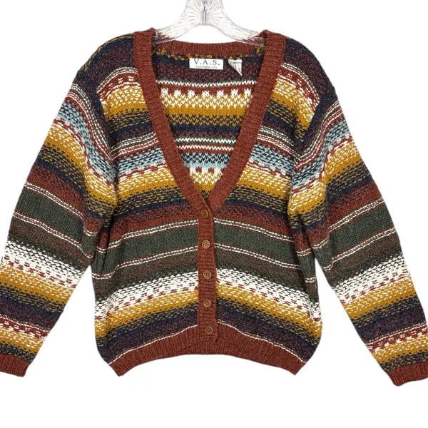 Vintage Womens Fair Isle Striped Knit Cardigan Sweater Buttons V Neck Wool Sz M - Image 2