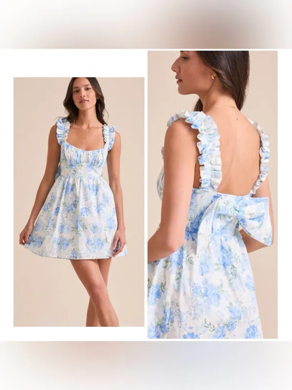 ARULA Alexa Blue Floral Bow Back Ruffle Mini Dress Size 2X - Image 2