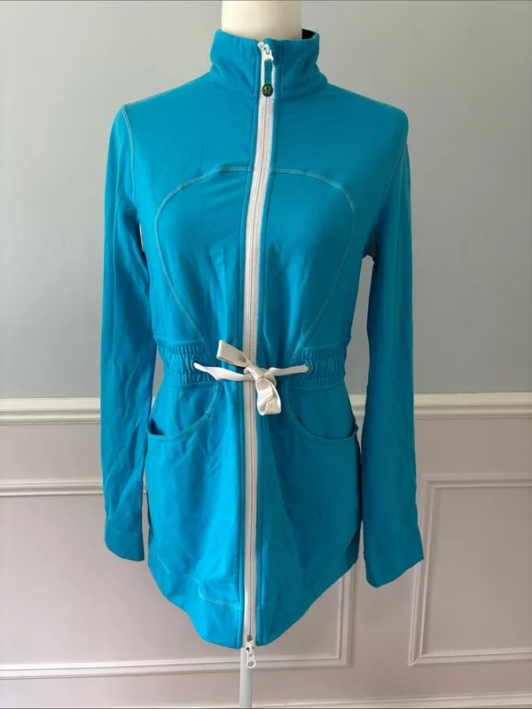 Lululemon Yohari Zip Front Jacket 10 Blue Mock Neck Tie Waist Sweatshirt Top - Image 2