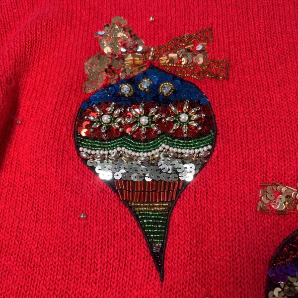 90s EMT Red Silk Angora Wool Beaded Christmas Ornament Sweater Womens M sequins - Image 5