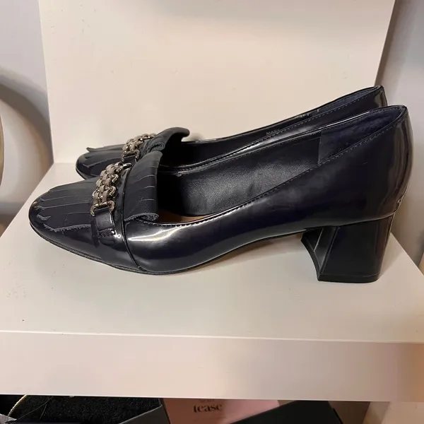 Navy Blue Patent Leather Block Heel Loafers with‎ Chain Detail & Fringe - Image 2