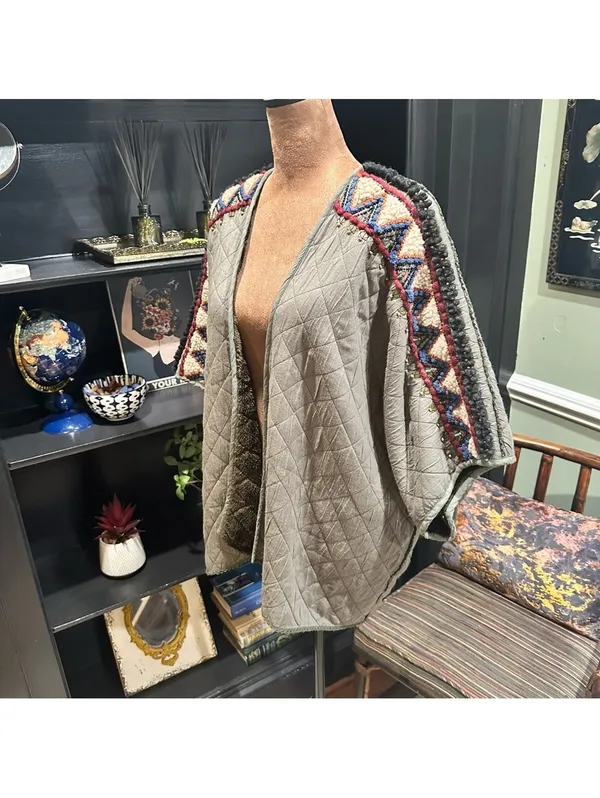 Anthropologie BL^nk London Quilted Faux Fur Jacket – Moss Green – Boho Beaded - Image 5