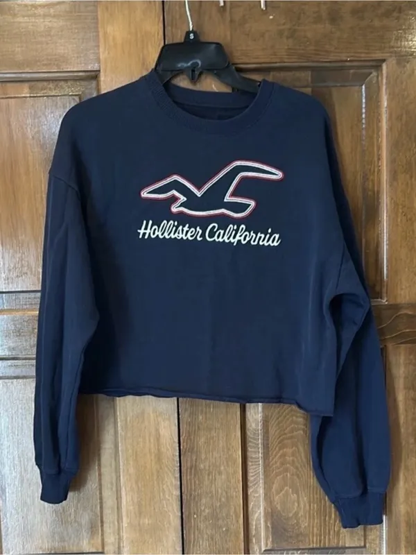 HOLLISTER Women’s Cropped Crewneck Sweatshirt Navy Blue Seagull Logo Size Small - Image 2