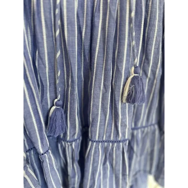 Free People Lola Boho Striped Tiered Dress Chambray Blue Embroidered Lagenlook‎ - Image 13
