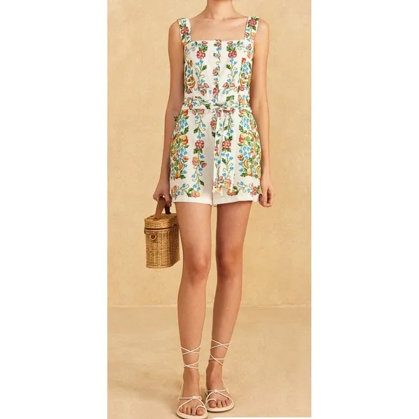 Farm Rio Tropical Romance Romper Medium White Floral Linen Cottagecore Summer - Image 2