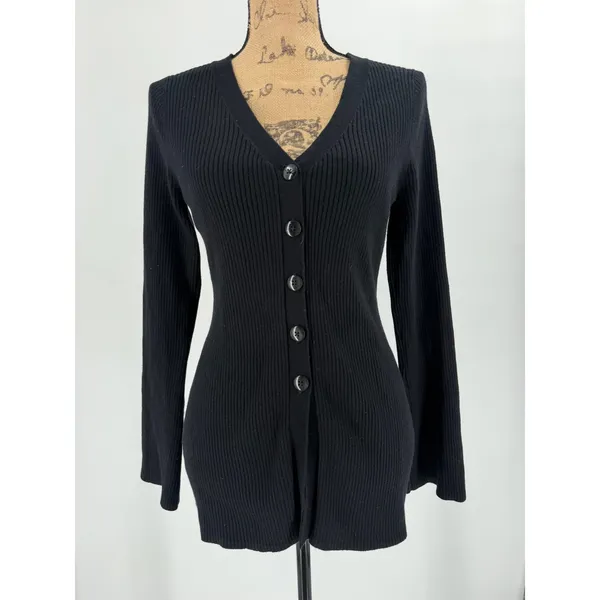 Old Navy Cardigan Sweater Womens L Black SoSoft Lite Ribbed V-Neck Minimalist - Image 3
