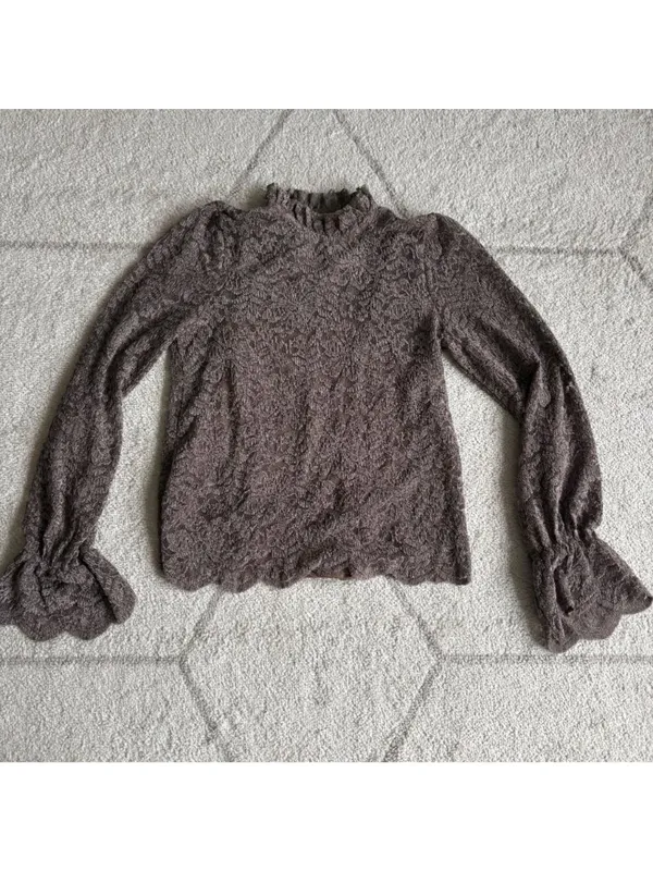 Eri + Ali Anthropologie Brown Floral Lace Blouse Ruffle High Neck Bell Sleeve - Image 2