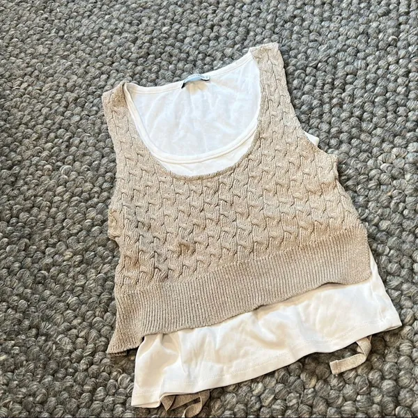 Zara Double Layered White Creme Knit Tie Blouse Size Medium - Image 2
