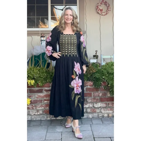 FARM RIO Floral Long Sleeve Midi Dress in Black Size XS - Image 2