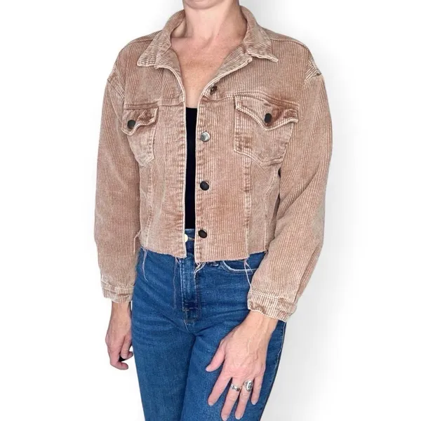 She + Sky Brown Beige Corduroy Cropped Casual Jacket - Image 7