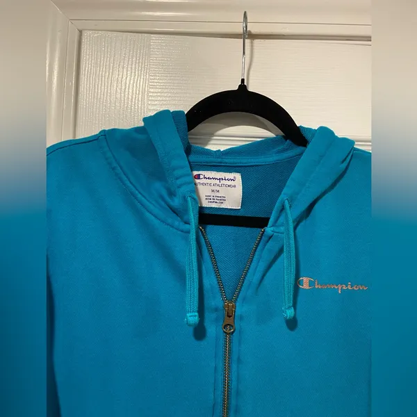 Champion Size M Turquoise Full Zip Cotton Blend Hoodie Sweatshirt Pockets - Image 5