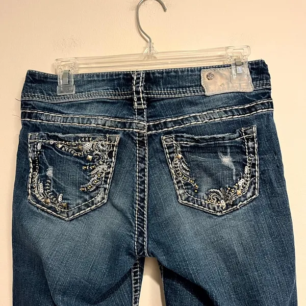 Silver Jeans Y2K Suki Low Rise Bootcut Dark Wash Embellished Size 26 - Image 5