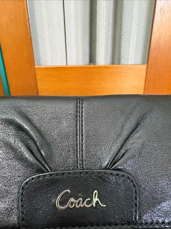Coach Black Leather Foldover Wallet with Silver Logo - Image 2
