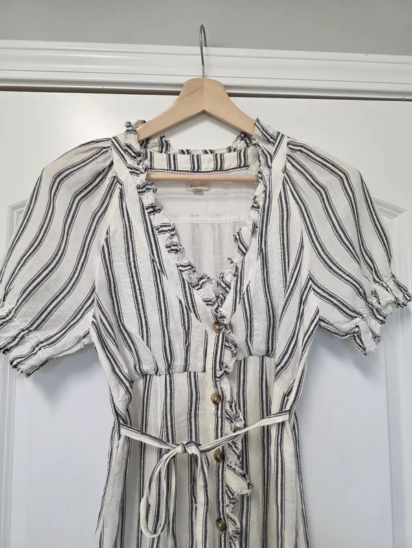 Anthropologie Linen Blend Striped Midi Dress Size 2 Cottagecore Prairie Blk Whit - Image 4