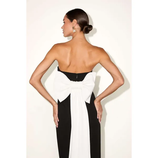 Lulus Fabulous Phenomenon Black and White Strapless Bow Midi Dress Small NWT - Image 5