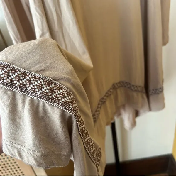 Easel Embroidered‎ Tunic Dress Boho Asymmetrical Hem Bohemian Tan Beige Small - Image 2