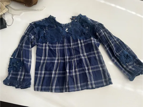 Free people Blue Plaid Lace Yoke Women's Top - Unbranded - Image 7