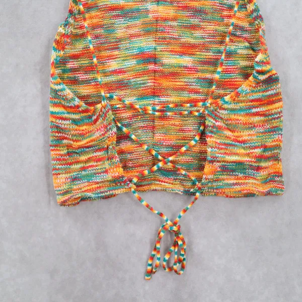 Orange Knit Multicolor Open Back Crop Tie Boho Stretch Y2K‎ VTG Top M Medium - Image 5