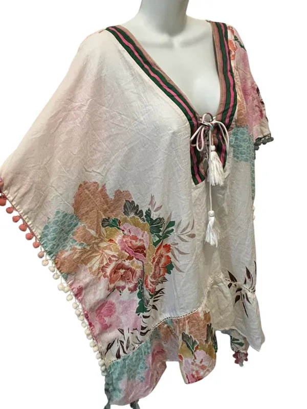 NWT Z&L EUROPE Boho Floral Pom Pom Kimono Swim Coverup/Top OS Floral Cottagecore - Image 4