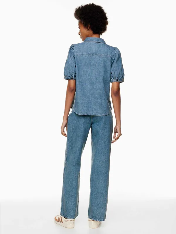 Aritzia Wilfred Ocean‎ Medium Blue Puff-Sleeve Denim Button-Down Shirt Size XS - Image 8