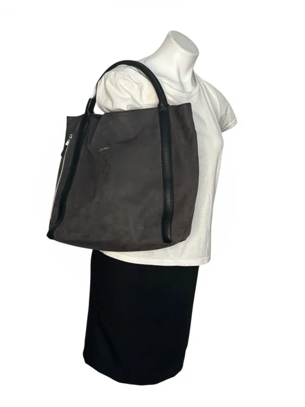 SEE by CHLOE Harriet Hobo Tote Charcoal Grey Nubuck Leather 2 Handles - Image 12