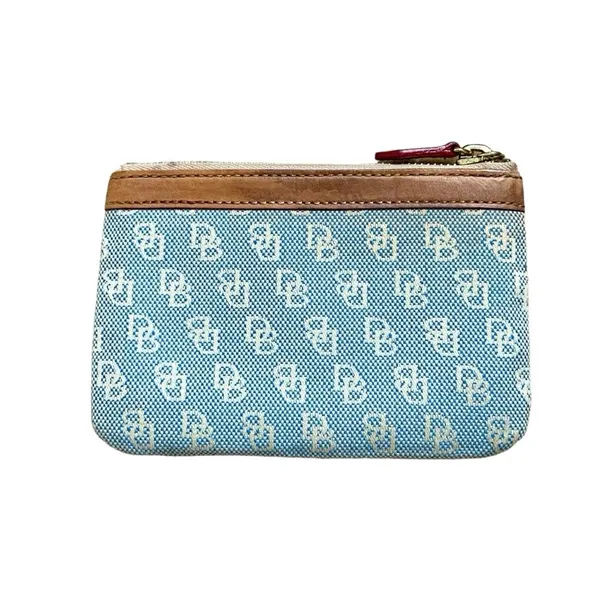 Dooney & Bourke Vintage Signature Jacquard Canvas Leather Blue/Tan Coin Wallet - Image 2