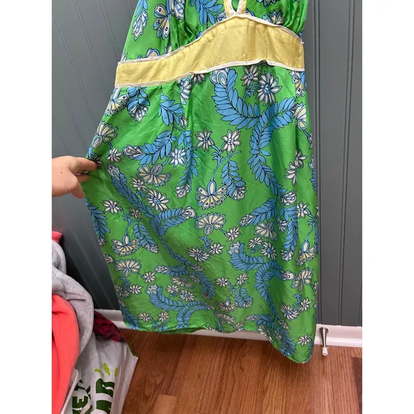 Lilly Pulitzer Green Floral 100% Silk Halter Dress Size 8 Tropical V-Neck Lined - Image 3