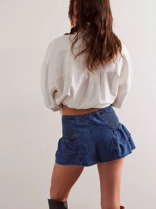 Free People We The Free Alani Pull-On Chambray Denim Ruffle Shorts Boho Blue M - Image 2