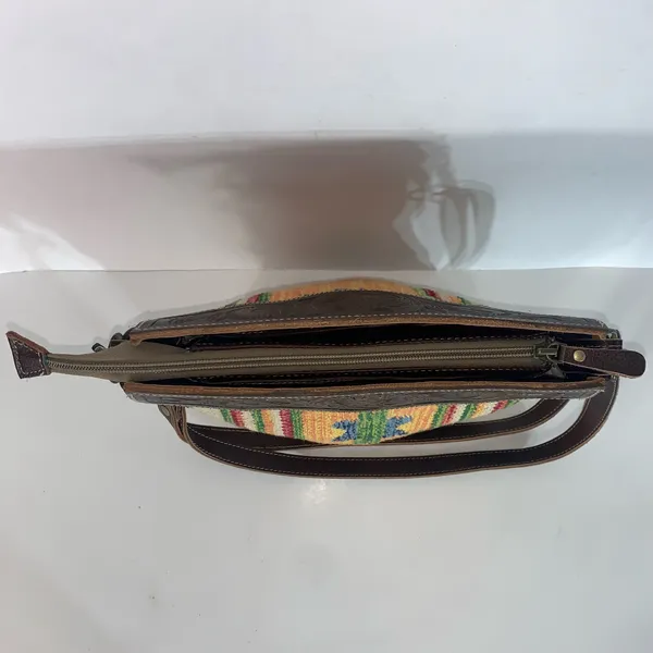 Myra handmade tooled bag leather & cotton carve detachable strap - Image 8