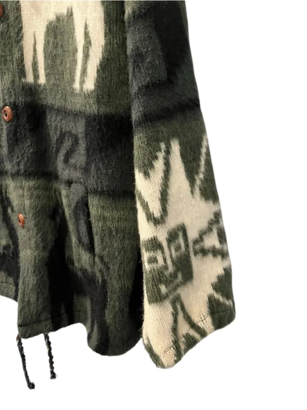 VTG Gensis Alpaca Wool Hooded Sweater Jacket Llama Aztec Green Small Stretch - Image 4