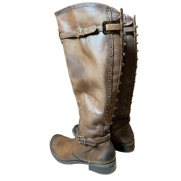 Gianni Bini Steampunk Boots Size 5.5 Mid Calf Low Heel Brown Leather Wrap Strap - Image 2