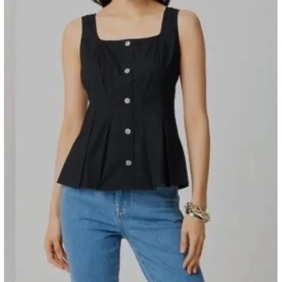 J‎ Crew Top Womens 2 Black Button Up Peplum Sleeveless Square Neck Cotton CK740 - Image 3