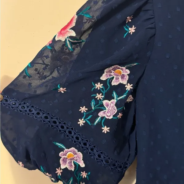 ASOS DESIGN High Neck Floral Embroidered Midi Dress Lace Trim Navy 6 NEW - Image 7
