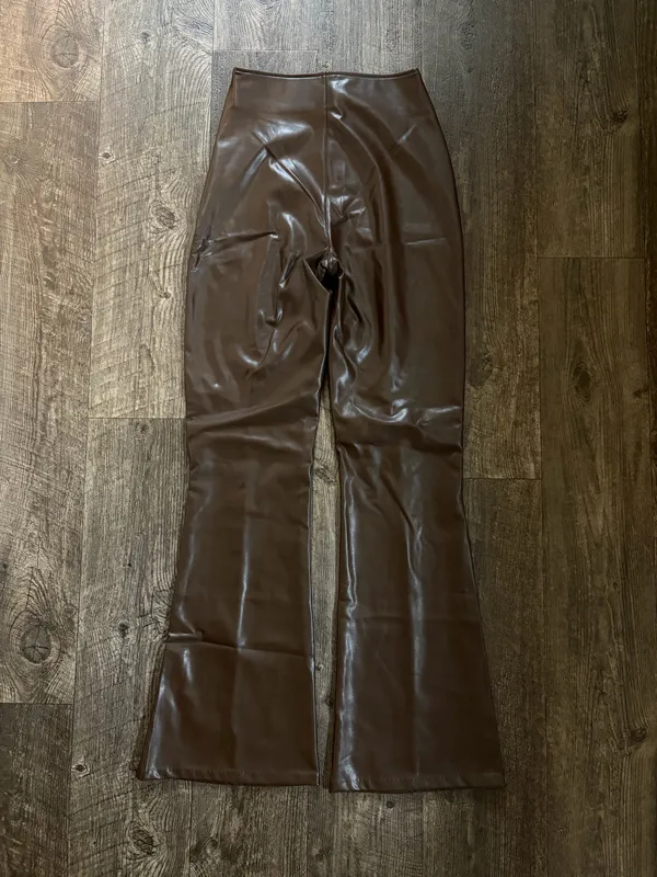 Abercrombie & Fitch Vegan Leather Brown Flare Pants - Image 6