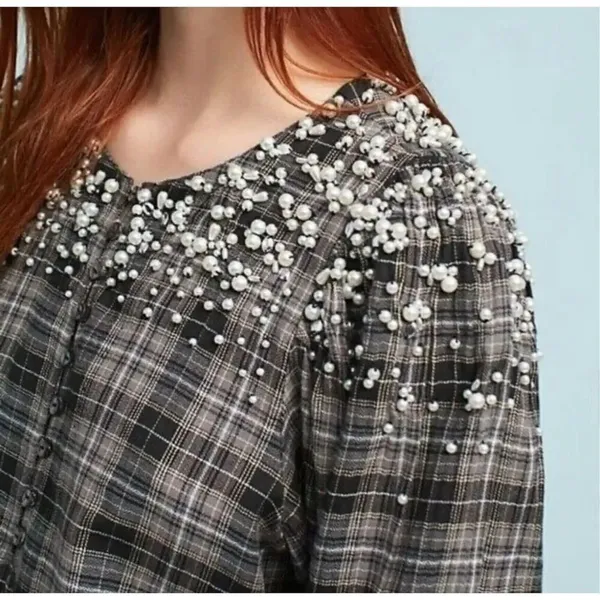 Anthropologie Akemi + Kin plaid flannel embellished pearl top M - Image 2
