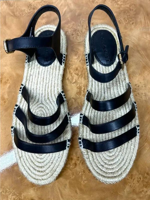 NEW Coach Carissa C2794 Black Leather Espadrille Sandals Gold Trim 8.5B - Image 2
