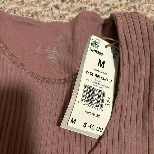 NWT Adidas Studio Lounge Ribbed Cropped Long Sleeve Tee Pink Mauve- Size Medium - Image 9