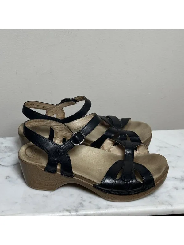 Women’s DANSKO Season Black Full Grain Leather Clog Strappy Sandals Heels Sz 39 - Image 9