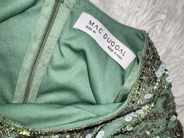 NEW MAC DUGGAL High Neck Short Sleeve Crystal Fringe Column Sage green Dress 10 - Image 4