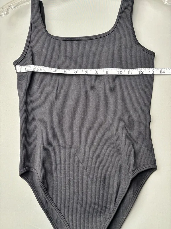 OQQ Black Ribbed Square Neck Bodysuit Medium | Stretchy Minimalist Tank Top - Image 7