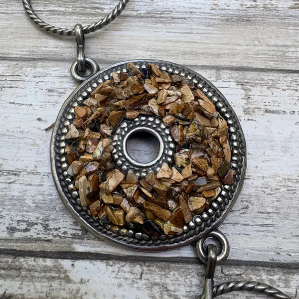 Medallion Chain Link Belt OS Brown Silver Boho Stone Inlay Earthy Artsy Western - Image 6