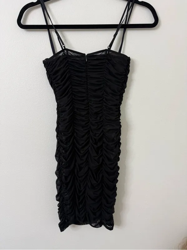 {XS} White Fox Black Ruched Slip Dress with Spaghetti Straps and Body Suit - Image 7