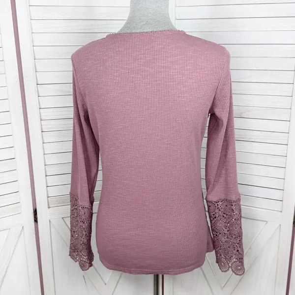 Ribbed Knit Lace Cuff Long Sleeve Henley Shirt‎ Mauve Dusty Rose Size Large - Image 5