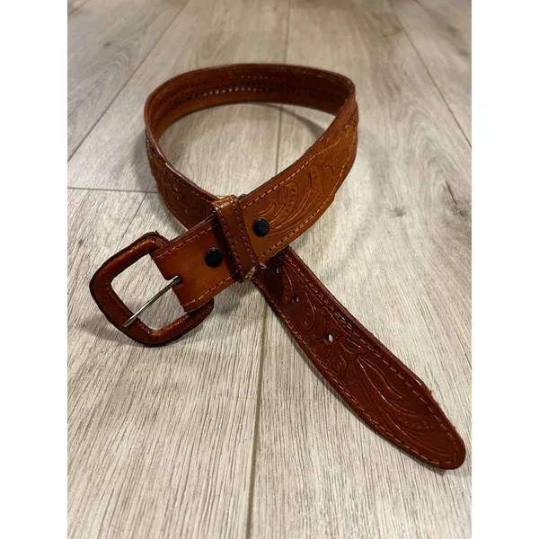 Vintage Tan Floral Tooled Leather Western Belt Woven Detail Size 32 - Image 2