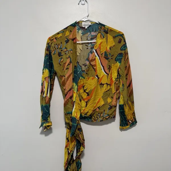 Sezane Anya Wrap Silk Blend Multicolor Tropical‎ Print V-Neck Blouse Size 34 - Image 5