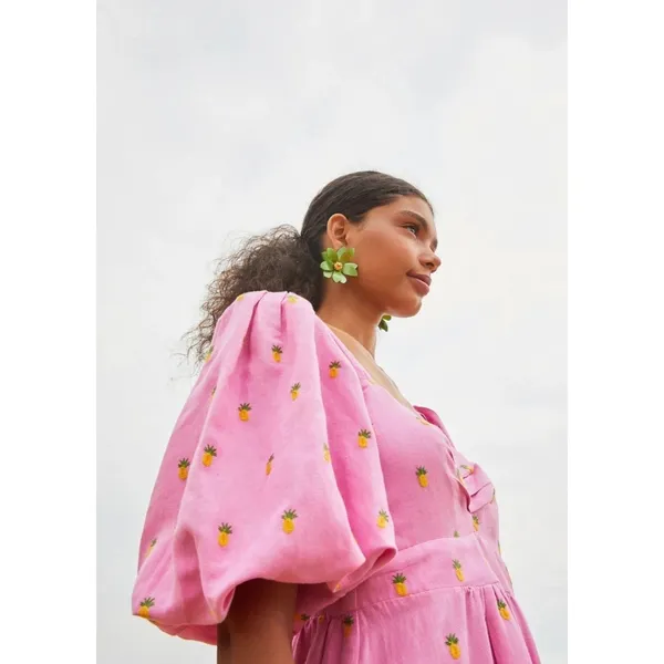 Farm Rio Pink Linen Embroidered Pineapples Tiered Midi Dress SMALL - Image 6