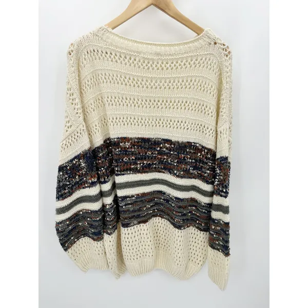 Chicsoul‎ Womens 2X Cream Brown Striped Knit Pullover Sweater Chunky Cozy Casual - Image 2
